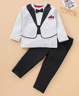 Babyhug 100% Cotton Terry Full Sleeves Party Wear Tee Coat Design and Lounge Pants - White Melange