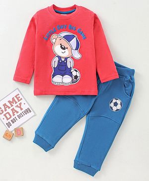 Babyhug Cotton Full Sleeves T-Shirt With Lounge Pant Teddy & Football Print Applique - Red & Blue
