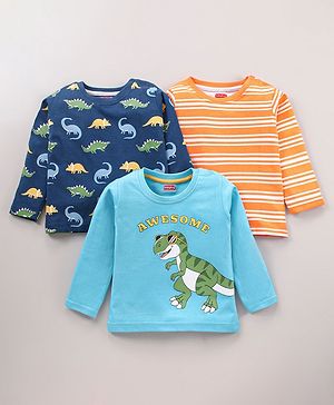 Babyhug Cotton Knit Full Sleeve Dino Print & Striped T-Shirt Pack of 3 - Multicolour