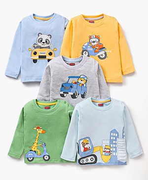 Babyhug Cotton Jersey Knit Full Sleeves T-Shirts Driving Cartoons Printed Pack of 5 - Multicolour