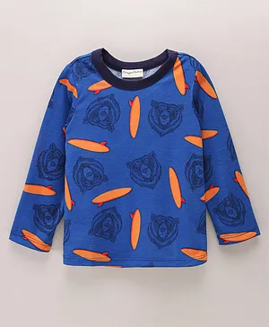 CrayonFlakes Full Sleeves Surf Board & Bear Printed Tee - Blue
