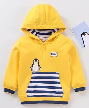 Babyhug Cotton Knit Full Sleeves Hooded Sweatshirt Penguin Print - Yellow