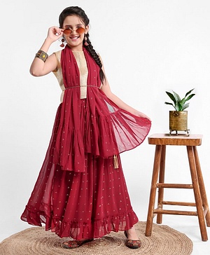 Pine Kids Sleeveless Choli & Sequin Embellished Lehenga Set - Red
