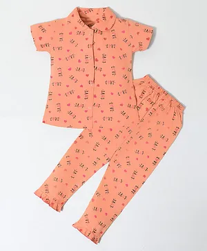 Kiwi 100% Cotton All Over Love & Hearts Printed Night Suit - Peach