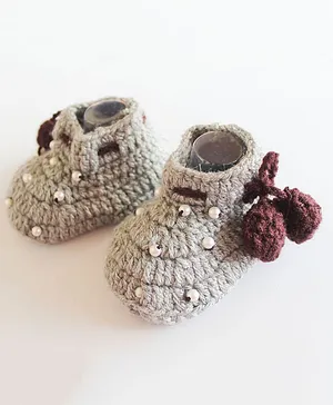 Woonie Pearl Detailed Crochet Booties - Grey