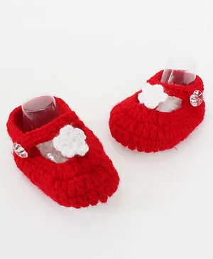 Woonie Flower Design Handmade Crochet Booties - Red