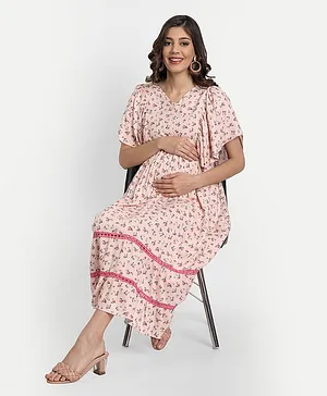 Aaruvi Ruchi Verma Half Flutter Sleeves Floral Printed Gathered Lace Placement Embroidered Maternity Dress - Pink