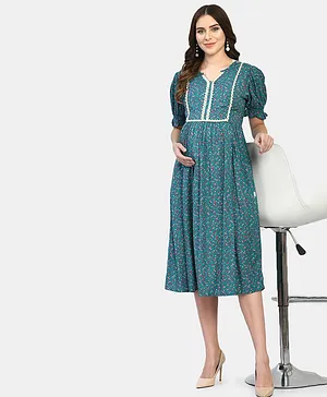 Aaruvi Ruchi Verma Half Puffed Sleeves Seamless Flower Printed & Lace Embellished Fit & Flare Maternity Dress - Sea Green