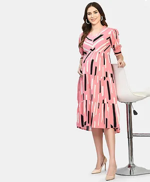 Aaruvi Ruchi Verma Half Puffed Sleeves Abstract Line Printed Fit & Flare Maternity Dress - Pink