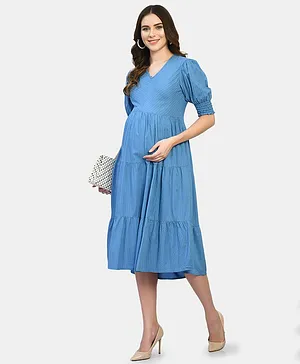 Aaruvi Ruchi Verma Half Puffed Sleeves Seamless Abstract Swirl Printed Tiered Maternity Dress - Blue
