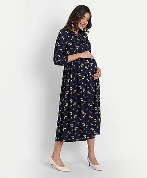 Aaruvi Ruchi Verma Three Fourth Sleeves Floral Printed Flared Maternity Dress - Navy Blue