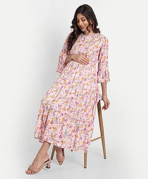 Aaruvi Ruchi Verma Three Fourth Frilled Sleeves Floral Printed Gathered & Frilled Maternity Dress - Pink