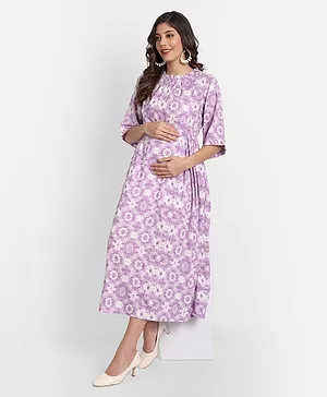 Aaruvi Ruchi Verma Three Fourth Sleeves Floral Tie & Dye Style Gathered Maternity Dress - Purple
