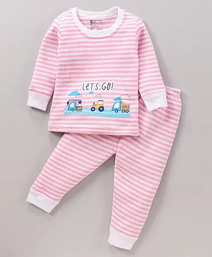 Bodycare Full Sleeves Antibacterial Thermal Tee with Pajama Stripes Print - Pink and White