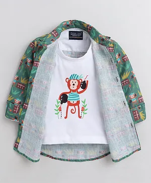 Polka Tots Full Sleeves Dancing Monkey Printed Shirt With Attached Tee - Green