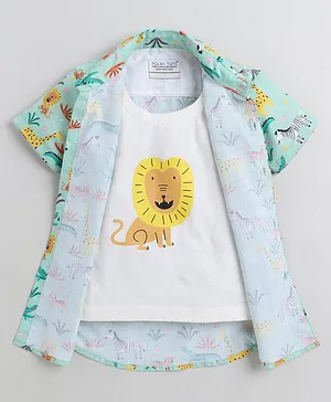 Polka Tots Half Sleeves Forest Animals Printed Shirt With Attached Tee - Green