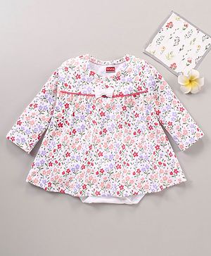 Babyhug 100% Cotton Full Sleeves Frock Style Onesie with Bow Applique and Floral Print - Multicolor