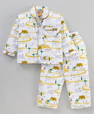 Yellow Duck Cotton Woven Full Sleeves Night Suit Dino Print - White