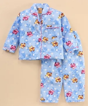 Yellow Duck Full Sleeves Cotton Nightsuit Floral Print- Blue