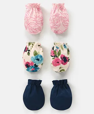 Bonfino 100% Cotton Mittens Set Floral Print & Solid Pack of 3 - Ivory Pink