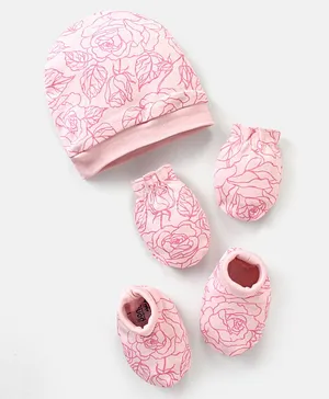 Bonfino Cotton Mittens and Booties Rose & Leaves Print Pink - Diameter 10.5 cm
