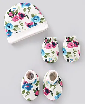Bonfino Cotton Cap Mittens & Booties Set Floral Print Ivory - Diameter 11.5 cm