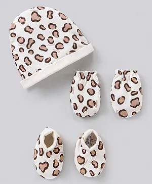 Bonfino Cotton Cap Mittens & Booties Set Cheetah Print Off White - Diameter 11.5 cm