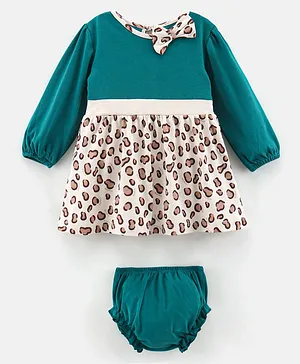 Bonfino Full Sleeves Fit & Flare Frock with Bloomer Bow Applique Leopard Print - Ivory Teal