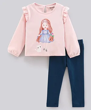 Bonfino 100% Cotton Full Sleeves  Top And Leggings Set Cartoon Girl & Cat Print - Ivory Pink