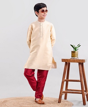 Pine Kids Full Sleeves Brocade Kurta & Pajama Set - Beige