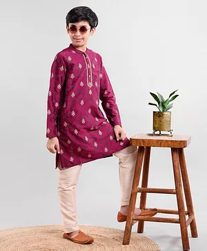 Pine Kids Full Sleeves Ethnic Design Embroidered Kurta Pajama Set - Magenta