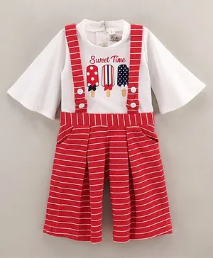 Enfance Core Three Fourth Bell Sleeves Sweet Time Text & Candy Printed Inner Tee With Rugby Striped Dungaree - Red