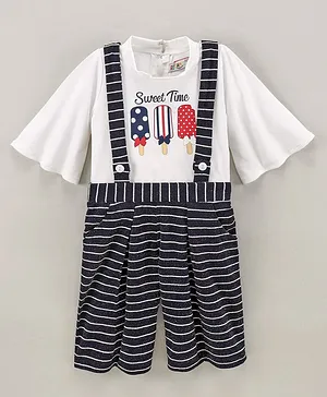 Enfance Core Three Fourth Bell Sleeves Sweet Time Text & Candy Printed Inner Tee With Rugby Striped Dungaree - Navy Blue