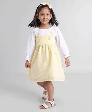 Kookie Kids Full Sleeves Checks Frock with Bow Applique -Yellow & White