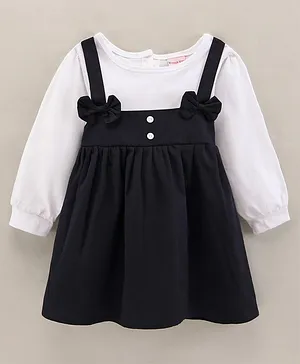 Kookie Kids Full Sleeves Solid Colour Frock with Bow Applique - Black & White