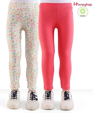 Honeyhap Premium Super Soft & Stretchable Biowashed Full Length Solid N Placement Print Leggings Pack Of 2 - Calypso Coral Bright White