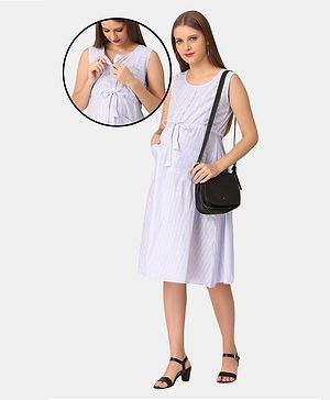 The Mom Store Sleeveless Shimmer Yarn Dyed Striped Maternity And Nursing Dress - Blue