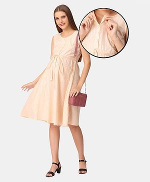 The Mom Store Sleeveless Shimmer Yarn Dyed Striped Maternity And Nursing Dress - Beige