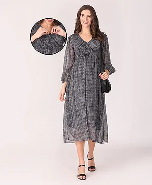 The Mom Store Three Fourth Puffed Sleeves Shimmer & Striped Maternity & Nursing Dress - Navy Blue
