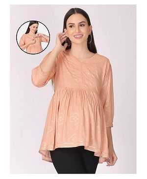 The Mom Store Three Fourth Sleeves Seamless Foil Printed Frill Detailed Flare Maternity & Nursing Kurta - Peach