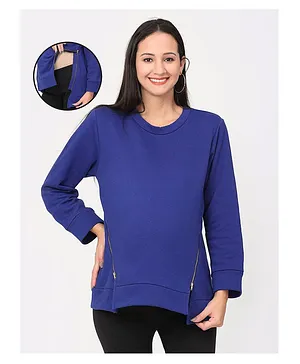 The Mom Store Full Sleeves Zip Detailed Maternity & Nursing Sweatshirt - Navy Blue