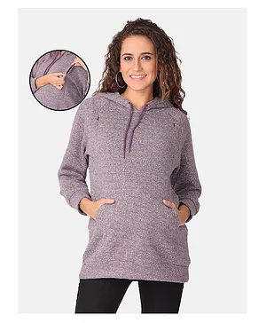 The Mom Store Full Sleeves Solid Front Pocket Maternity And Nursing Hooed Sweatshirt - Purple