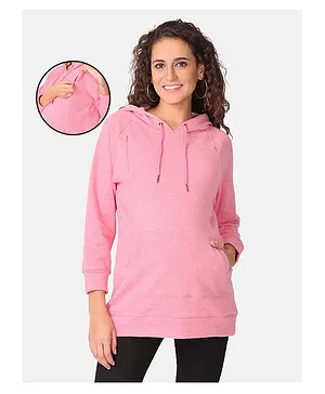 The Mom Store Full Sleeves Solid Front Pocket Maternity And Nursing Hooed Sweatshirt - Pink