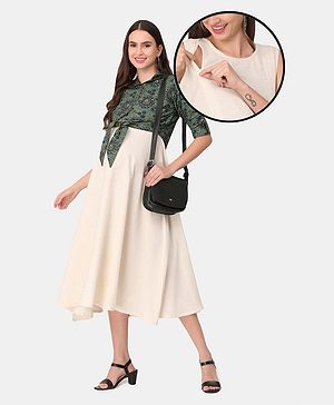 The Mom Store Half Sleeves Maternity And Feeding Solid Kurta With Floral Motif Printed Tie Up Jacket - Green