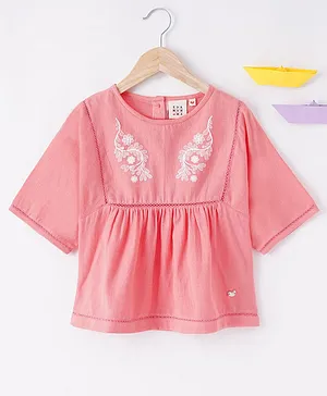 Ed-a-Mamma Kimono Sleeves Sustainable Cotton Top With Floral Embroidery - Pink