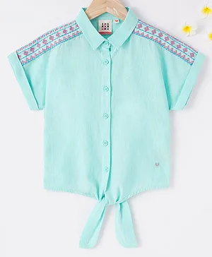 Ed-a-Mamma Sustainable Cotton Woven Half Sleeves Top With Mock Tie-Up - Aqua