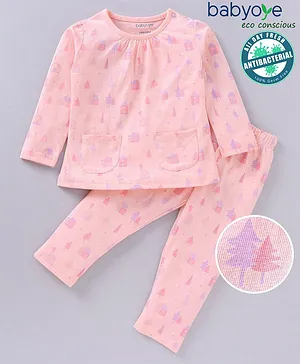 Babyoye Eco Conscious 100% Cotton Full Sleeves Anti Bacterial Night Suit Tree Print - Pink
