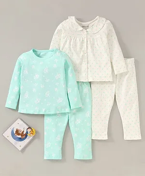 Babyoye Cotton Knit Antibacterial Full Sleeves Night Suit Pack of 2 Combo Sets Floral Print - Green White