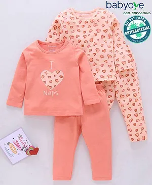 Babyoye 100% Cotton With Anti-Bacterial Finish Full Sleeves Night Suits Heart Print Pack of 2 - Coral
