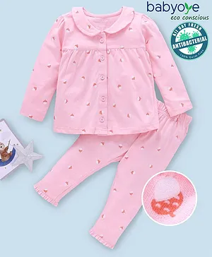 Babyoye Full Sleeves Nightwear Pyjama Set Flower Printed - Pink